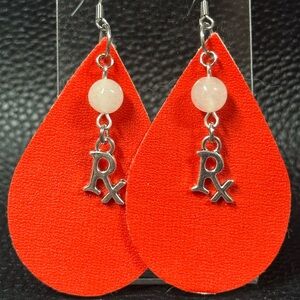 Handmade red medical faux leather earrings